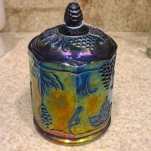 Indiana Carnival Glass Blue Grape Harvest Canister